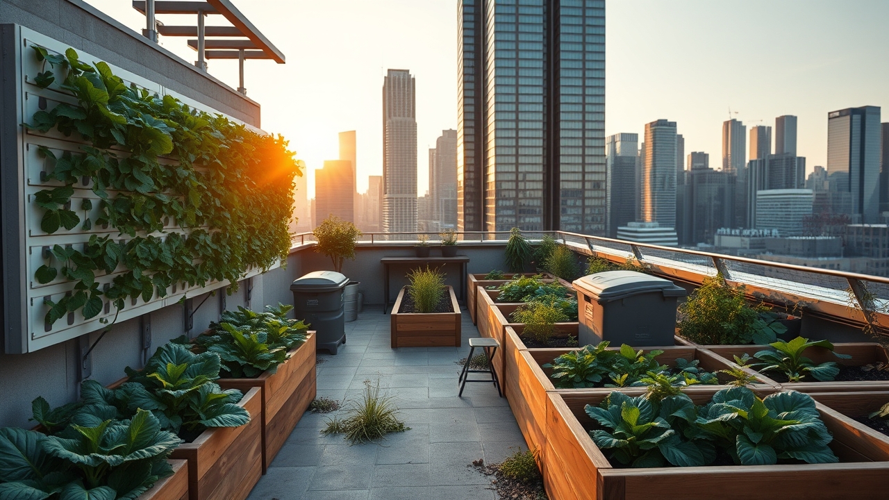 A lush, productive rooftop garden with vertical planting systems and raised beds set against a city skyline.