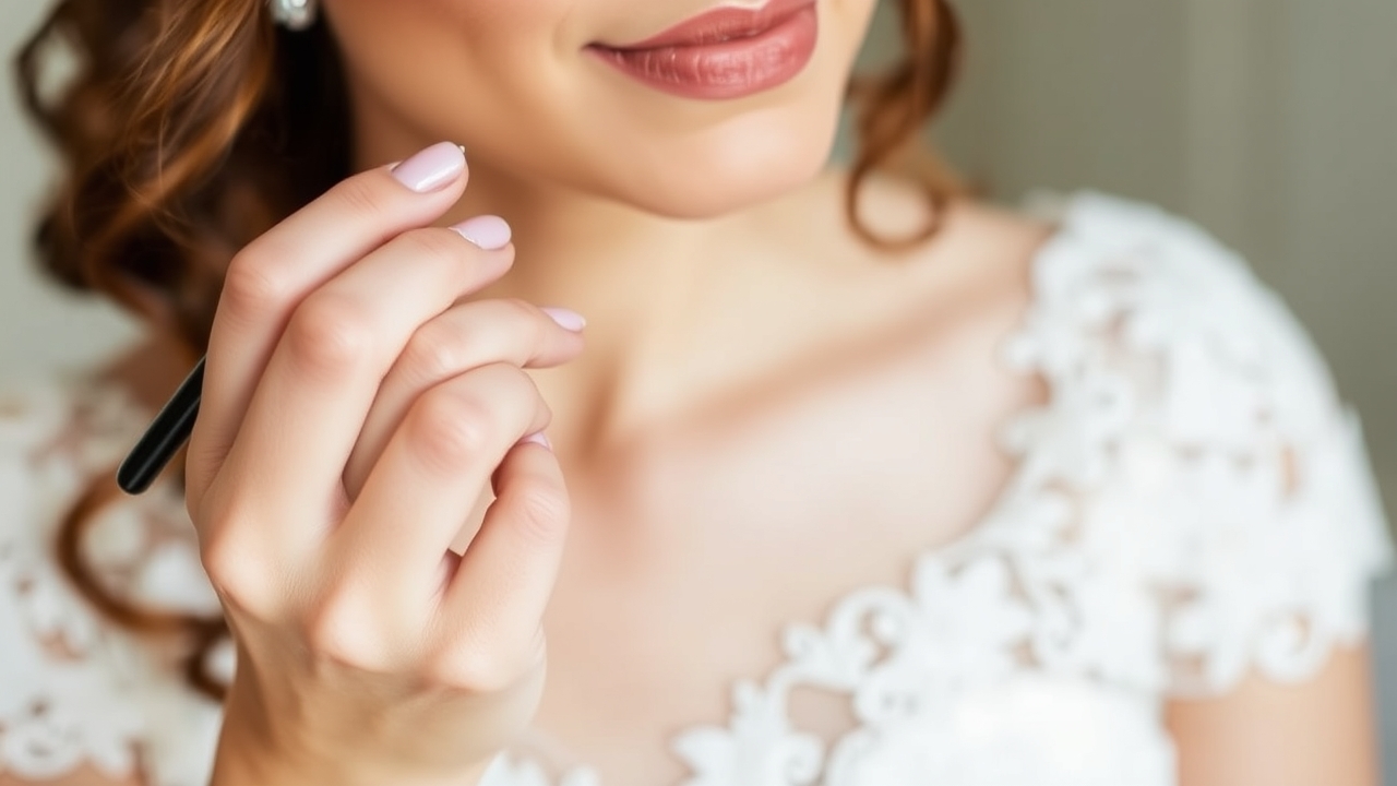 Bride applying highlighter as part of wedding beauty schedule