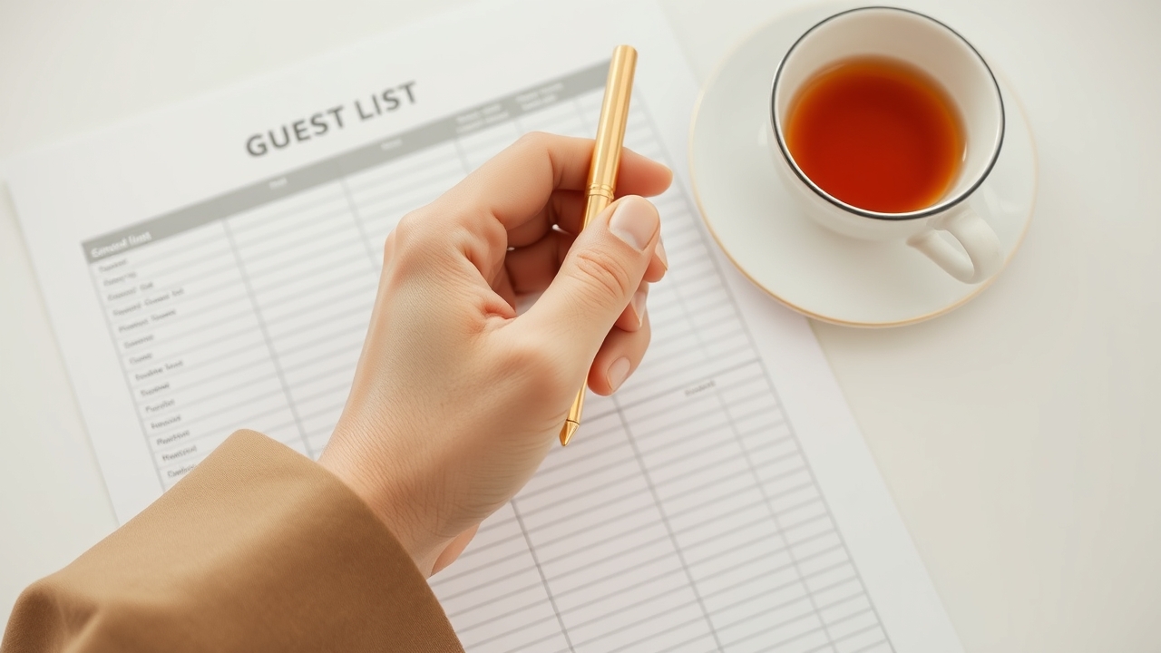 A detailed view of a couple trimming guest list entries on a notepad.